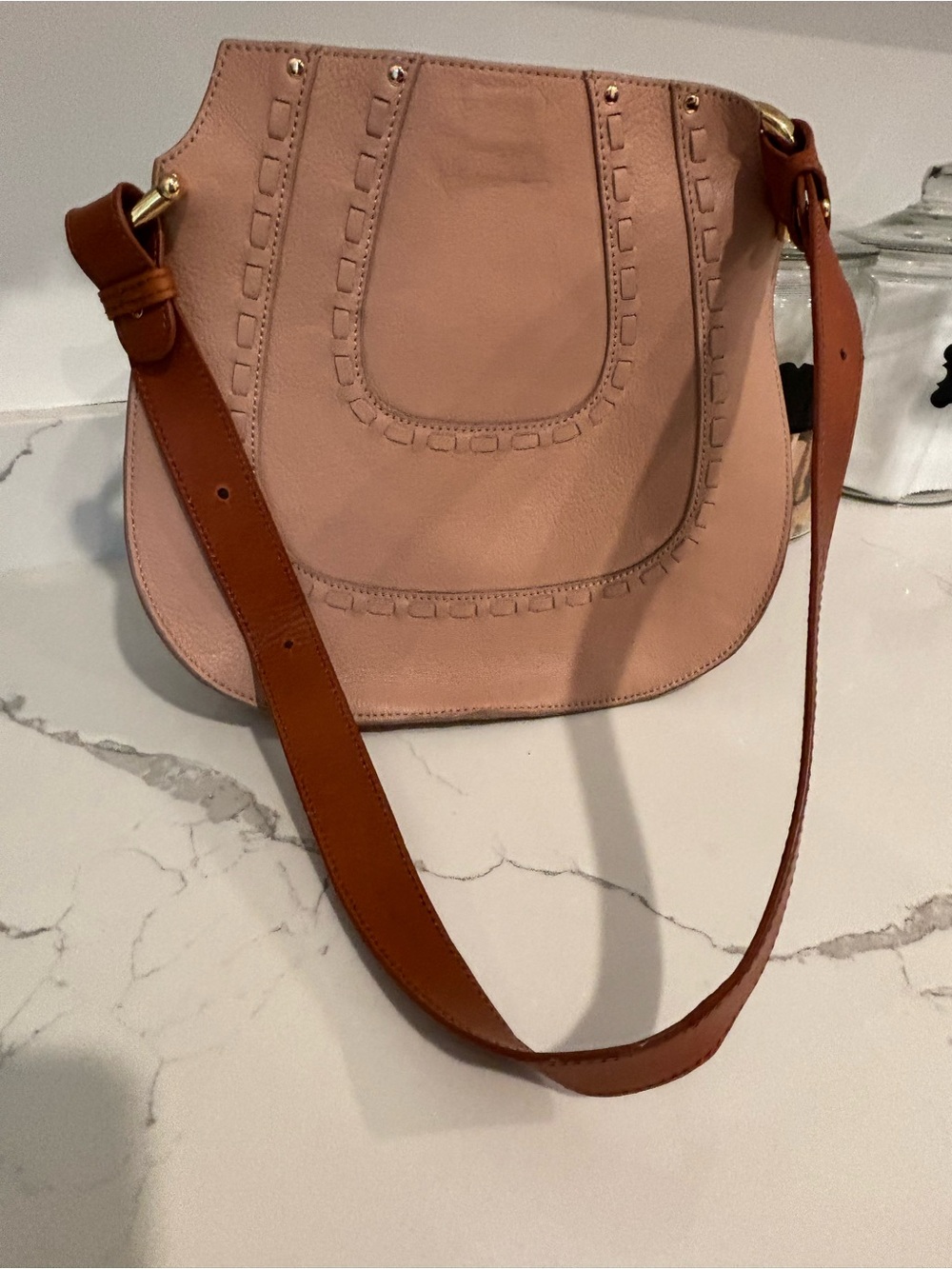 Margot Pebbled Leather Crossbody Blush Tan U Shaped Whipstitch Adjustable Strap